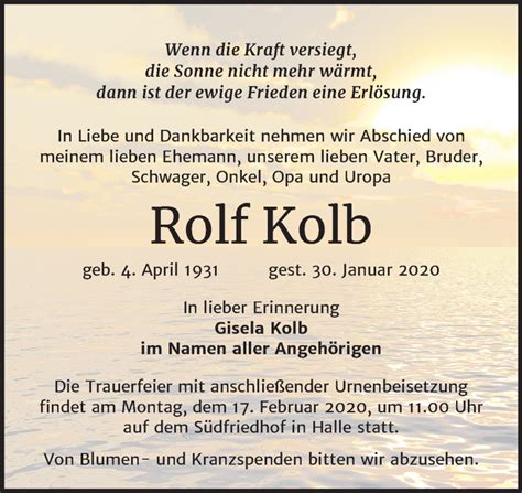 Traueranzeigen Von Rolf Kolb Abschied Nehmen De