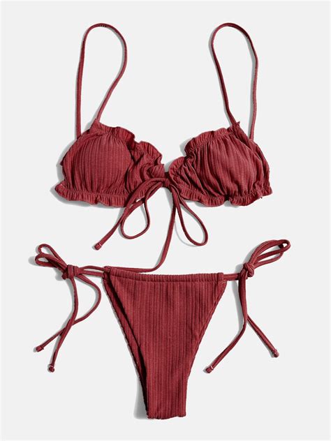 Emmiol Free Shipping 2023 Lace Up Ribbed Bikini Set Burgundy L In