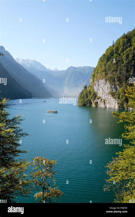 Excursion Ship On Lake Königssee In Front Of Echowand Berchtesgaden