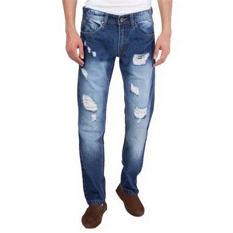 Blue Regular Fit Mens Ripped Slim Fit Straight Denim Jeans Waist Size