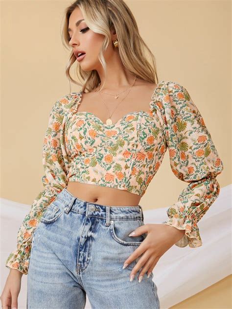 Floral Print Chiffon Ruffled Crop Top Shein Usa In 2021 Puff Long