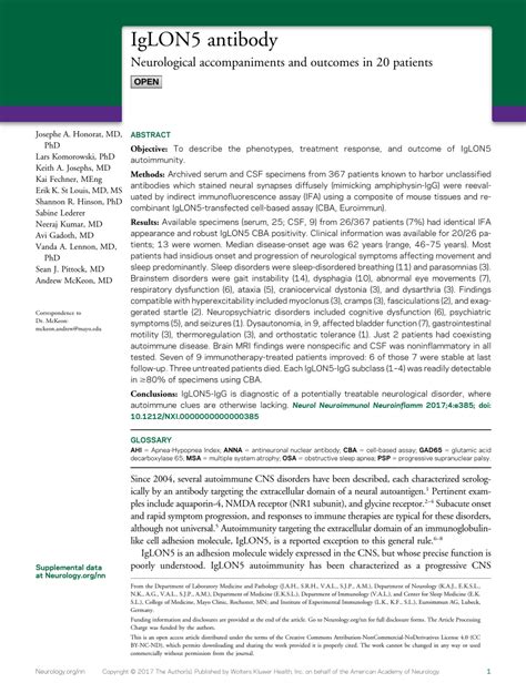 Pdf Iglon5 Antibody Neurological Accompaniments And Outcomes In 20 Patients