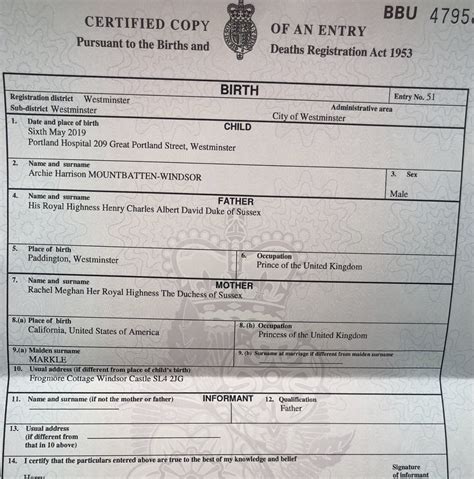 Archies Birth Certificate Released Megs A Princess Of The United Kingdom