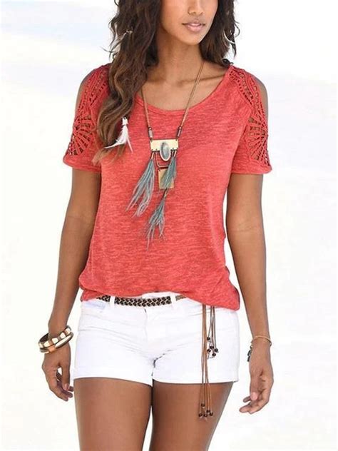 Short Sleeve Hollow Out Shoulder T Shirt Ladies Tops Fashion Solid Clothes