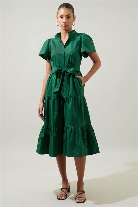 Sugarlips Bellucci Poplin Button Front Tiered Midi Dress In Green Lyst