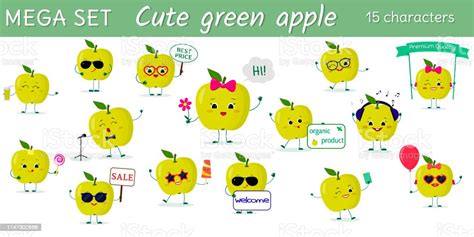 Mega Set Of Fifteen Cute Kawaii Green Apples Fruit Characters In Various Poses And Accessories