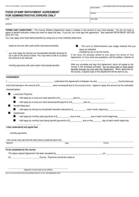 Fillable Form Dfa 377 7e Food Stamp Repayment Agreementfor