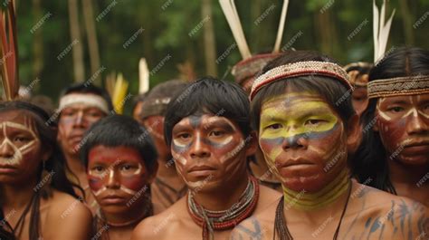 Premium Photo | Group photo of amazonian indigenous people staring into ...