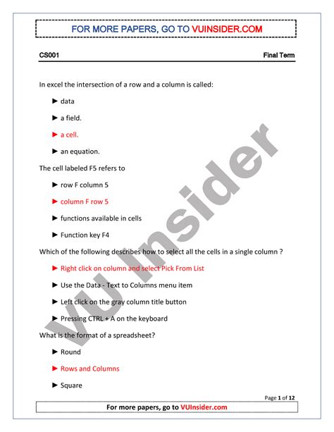 CS001 Final Term Past Paper 1 CS0 01 Final Term Page 1 Of 12 In Excel