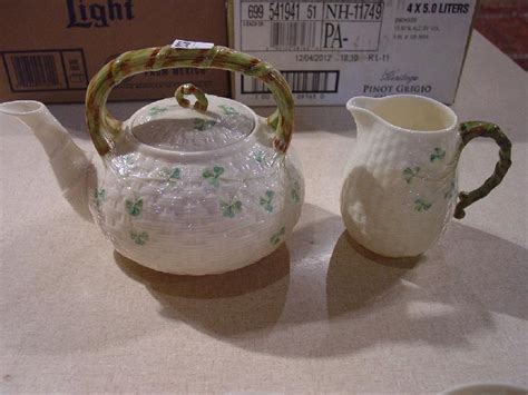 Belleek Shamrock Basket Weave Tea Pot Cream Pitcher And 12