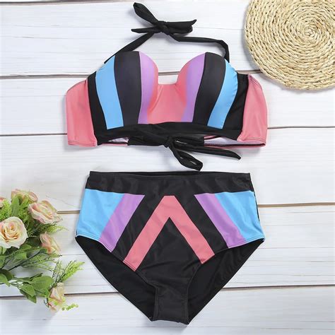 Sexy Women Swimsuit Halter Bikini Set Neck Color Blocking Print