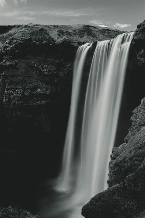 Free Download Hd Wallpaper Waterfalls On Mountains Grayscale Of