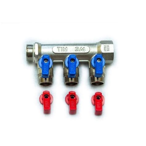 Коллектор с шаровыми кранами 3/4" х 1/2ш - 3 вых., никели, красн + син ...