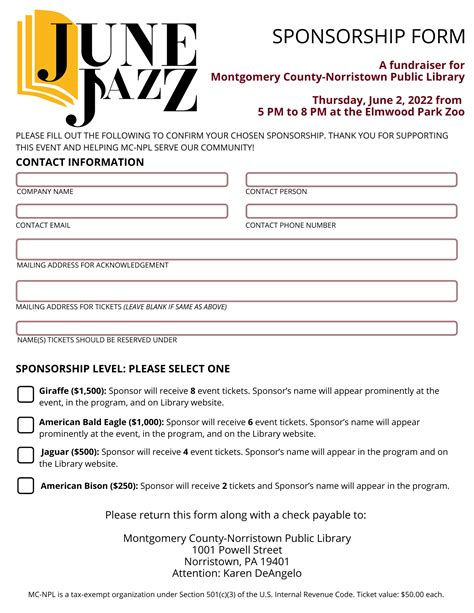 June Jazz Sponsorship Form Montgomery County Norristown Public