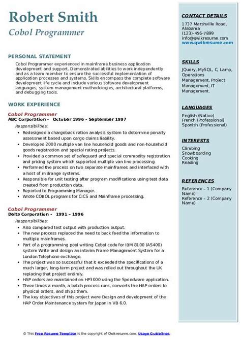 Cobol Programmer Resume Samples Qwikresume