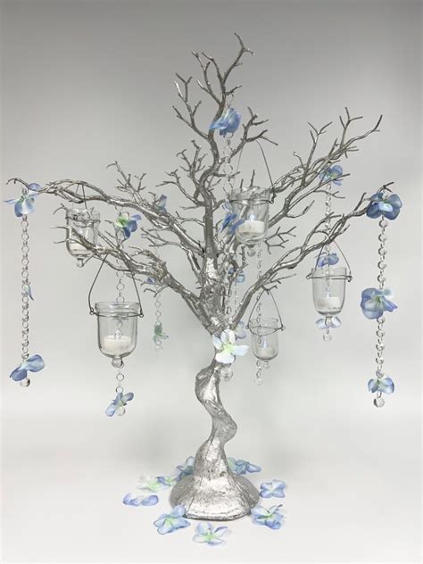 Silver Tree With Light Blue Flower Crystal Chains Hanging Votives