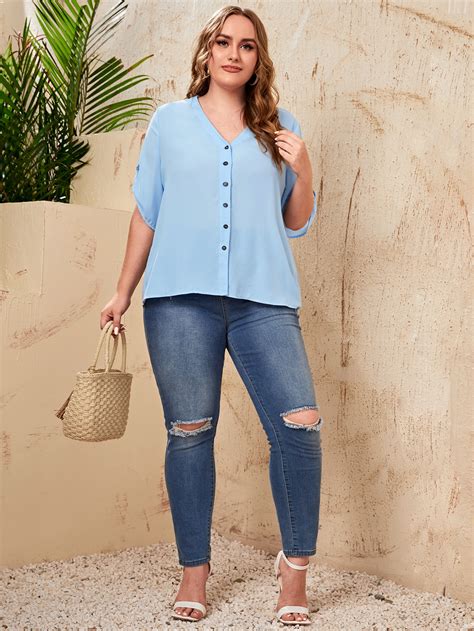 Shein Lune Plus Roll Tab Sleeve Button Placket Blouse Shein Usa