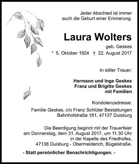 Traueranzeigen Von Laura Wolters Trauer In Nrw De