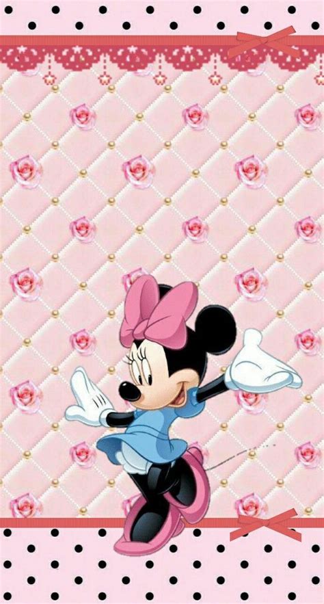 A Minnie Mouse Wallpaper With Pink Roses And Polka Dots On The Bottom