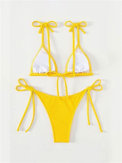 Emmiol Free Shipping 2024 Yellow Tie Strap Ribbed Bikini Set Yellow M