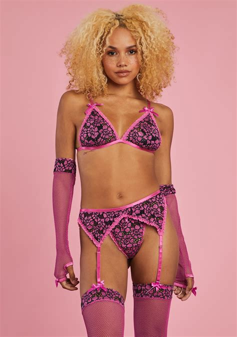 Sugar Thrillz Embroidered Flower 5 Piece Lingerie Set Pink Dolls Kill