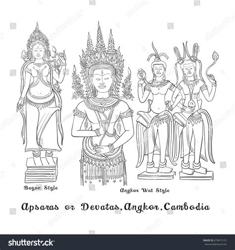 Apsara Devata Angkor Cambodia Sketch Drawing 库存矢量图（免版税） 679415131