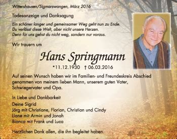 Traueranzeigen Von Hans Springmann Schwarzw Lder Bote Trauer