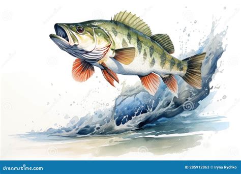 Watercolor Bass Fish Jumping On White Background Stock Illustration