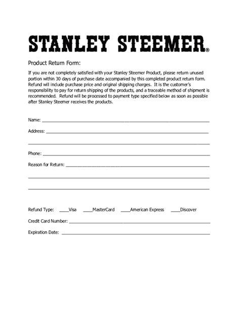 Fillable Online Product Return Form Stanley Steemer Fax Email Print