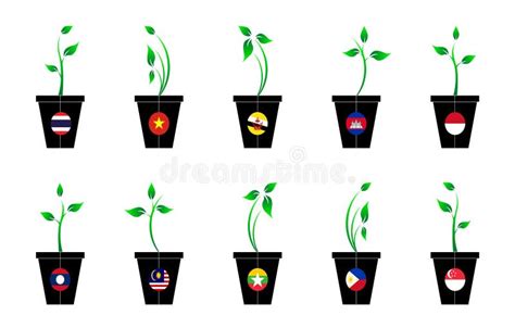 Flag of ASEAN Member in Emoji Design Growing Up As Sapling in Vase ...