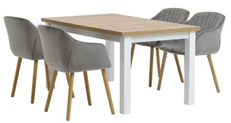 MARKSKEL L150 193 table blanc chêne 4 ADSLEV chaises velours JYSK