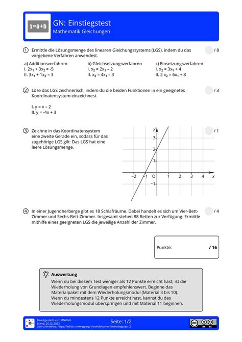 Arbeitsblatt - Einstiegstest - Mathematik - Gleichungen - mnweg.org