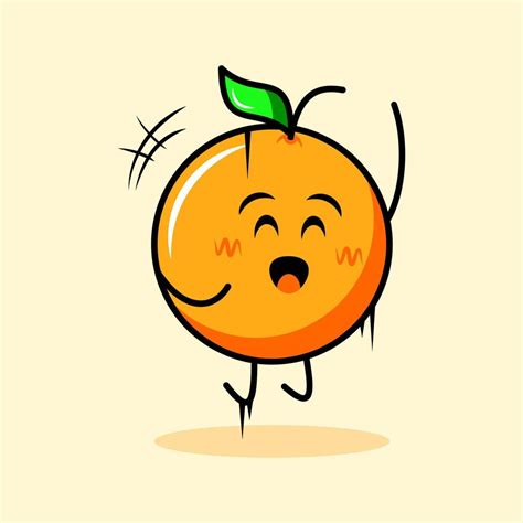 Cute Orange Character With Leaf Happy Expression Close Eyes And Sparkling Eyes Cartoon