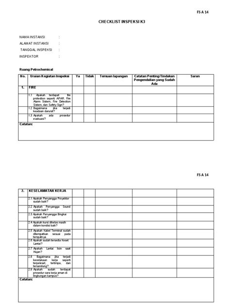 Contoh Form Inspeksi Keselamatan K3 Pdf