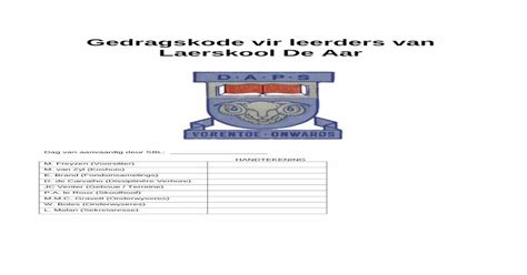 Pdf Gedragskode Vir Leerders Van Laerskool De Aarwaardesisteem 1