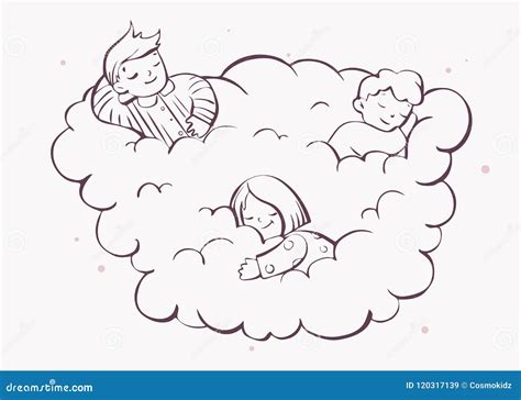 Children Dreaming On Cloud Colouring Cartoon Style Vector Illustration