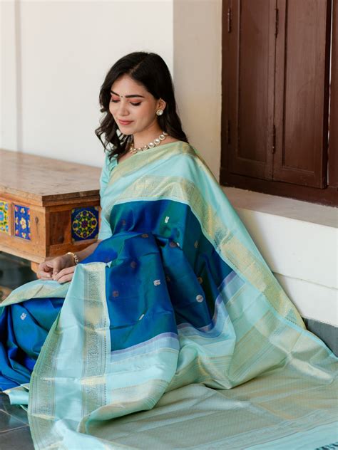 Peacock Blue Kanjeevaram Silk Saree With Light Blue Border Tulsi Weaves