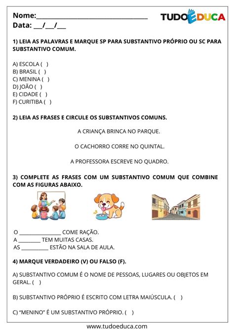 3 Atividades de Português Substantivos Próprios e Comuns para 2º Ano