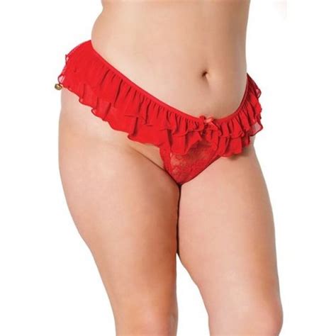 Holiday Red Stretch Lace And Mesh Crotchless Panty With Ruffle Jingle Bell Waist Queen Size Sex