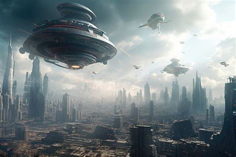 Nave Espacial Sobrevolando Una Ciudad Futurista Con Pasajeros Extranjeros En Camino Al Trabajo