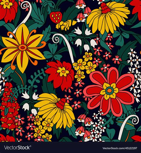 Seamless Pattern With Big Flowers In Hippie Style Vector Image