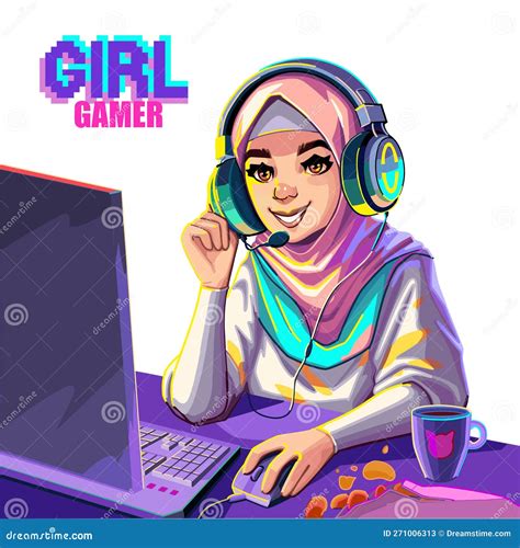 Muslim Girl Gamer Or Streamer In A Hijab And A Headset Sits At A