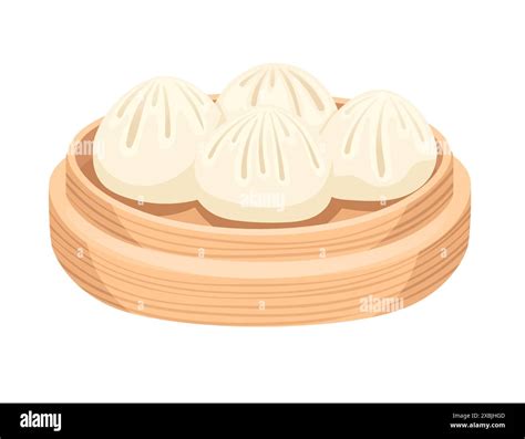 Traditional Chinese Steamed Pork Bun Baozi On Bamboo Round Tray Vector Illustration Isolated On