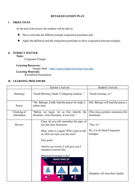 Lesson Plan In Math Congruent Triangles Detailed Lesson Plan I Objectives At The End Of The