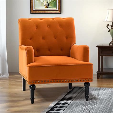 JAYDEN CREATION Enrica Orange Tufted Comfy Velvet Armchair With