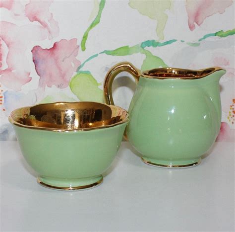 Vintage Crown Devon Gold And Green Porcelain Creamer And Sugar Etsy