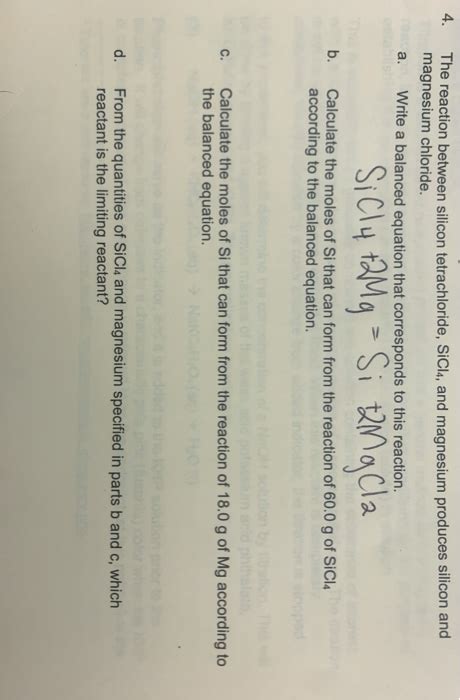 Solved 4. The reaction between silicon tetrachloride, Sicls, | Chegg.com