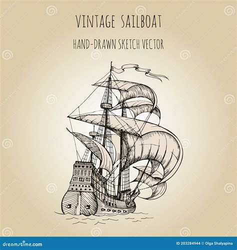 Oude Zeilboot Met Caravel Vintage Met De Hand Getekende Vectorschets