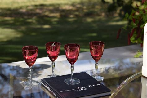 4 Vintage Red Etched Liqueur Wine Glasses 1950 S After Dinner Drink