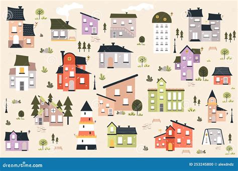 Different Houses Cute Set In Flat Cartoon Design Vector Illustration